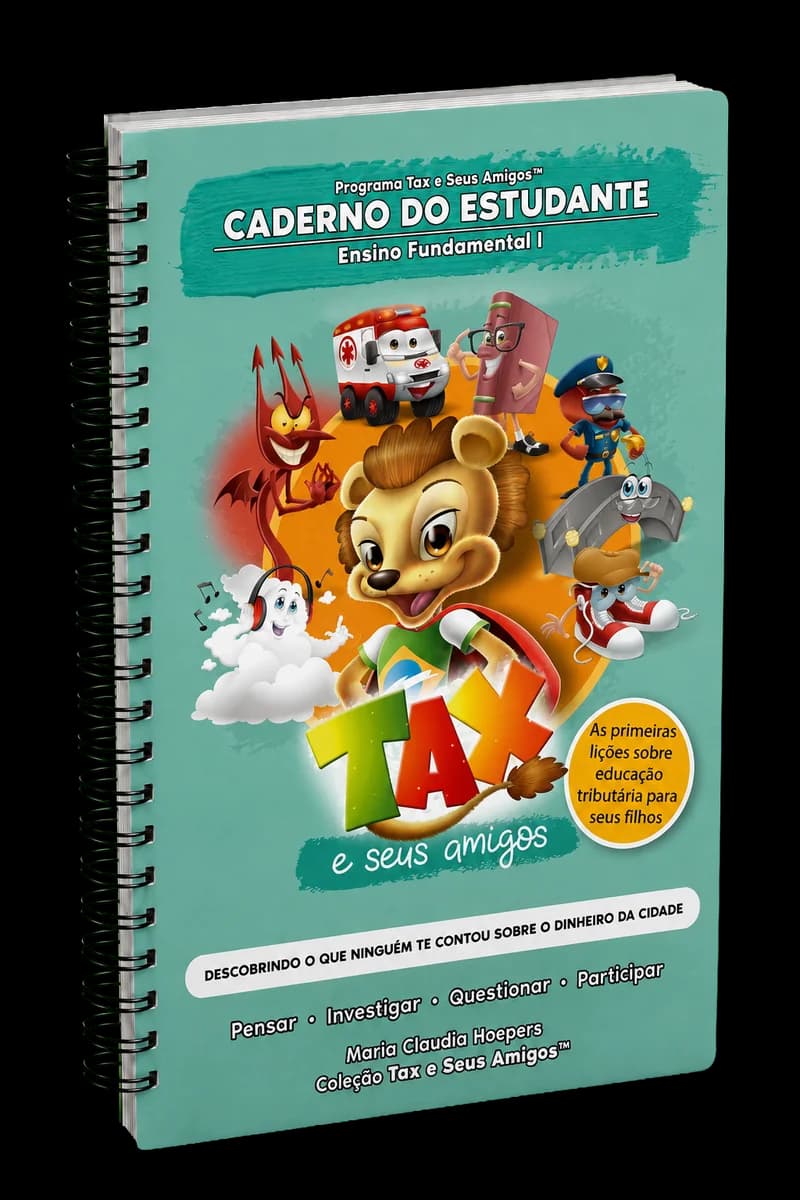 Capa do Caderno do Estudante do Programa Tax, 4º ano — mascote leão Tax e seus amigos
