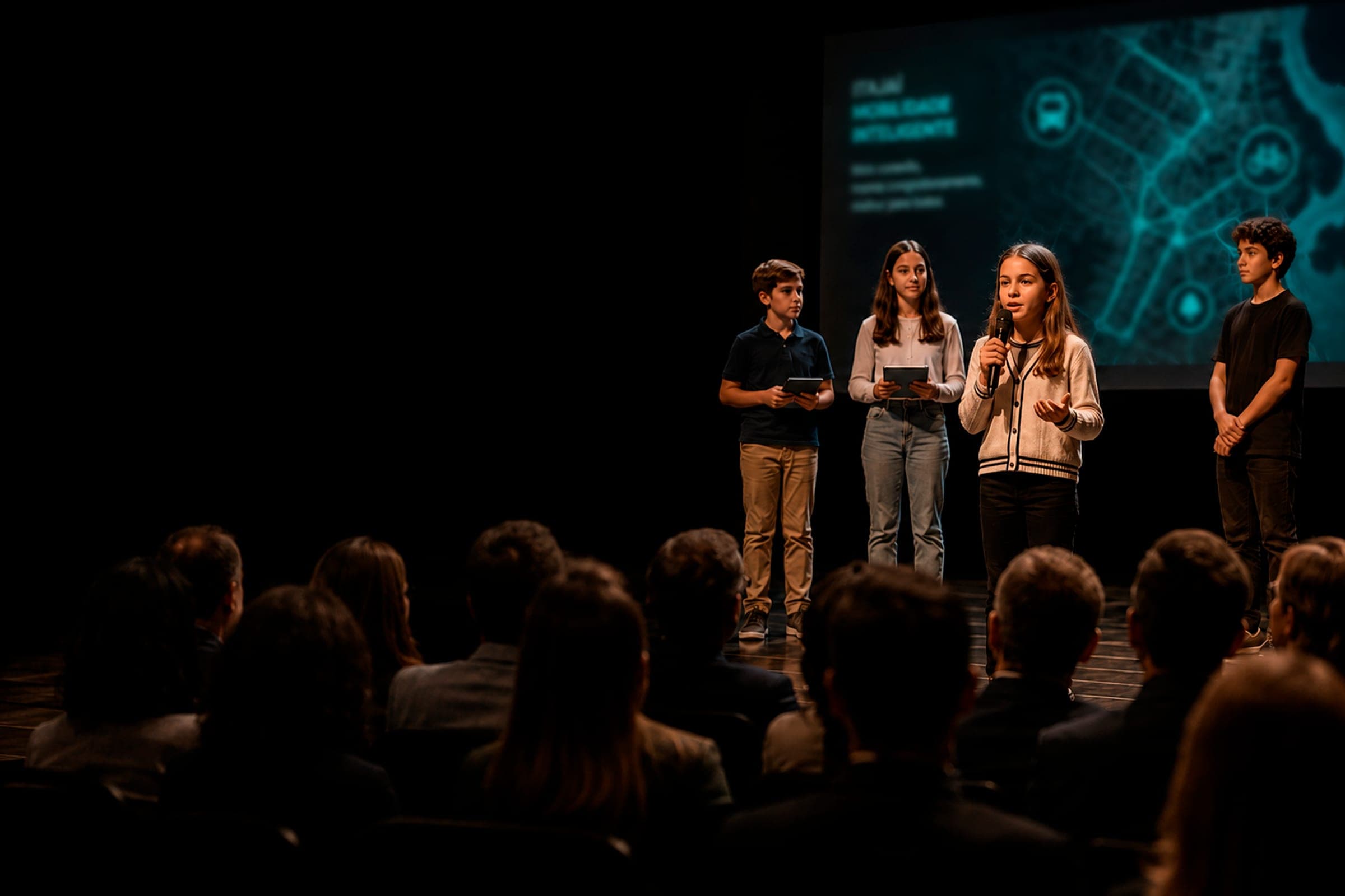 Alunos do Programa Tax apresentando um projeto no palco da Mostra Tax para uma plateia